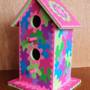 Handpainted Birdhouse/Pastel Colors/Psychedelic Design with Swirls of Colors /Light Pink/Light Green/Pink/Purple/ Blue