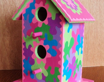 Handpainted Birdhouse/Pastel Colors/Psychedelic Design with Swirls of Colors /Light Pink/Light Green/Pink/Purple/ Blue