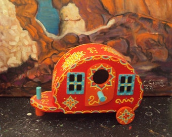 Hand Painted Travel Trailer Birdhouse Night Light Bright Red Fun Architecture Floral Design Orange Blue Yellow Dots Doodles