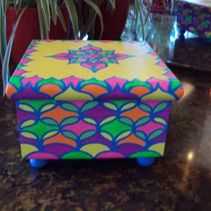 Hand Painted Wood Box Decorative Pattern Design Original with Floral Top Soft and Bright Colors with Yellow Top Treasure Box Jewelry Box