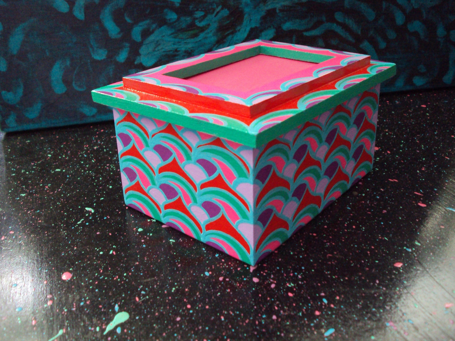 Decorative Wood Box With Photo Hand Painted Original Swirl Designs