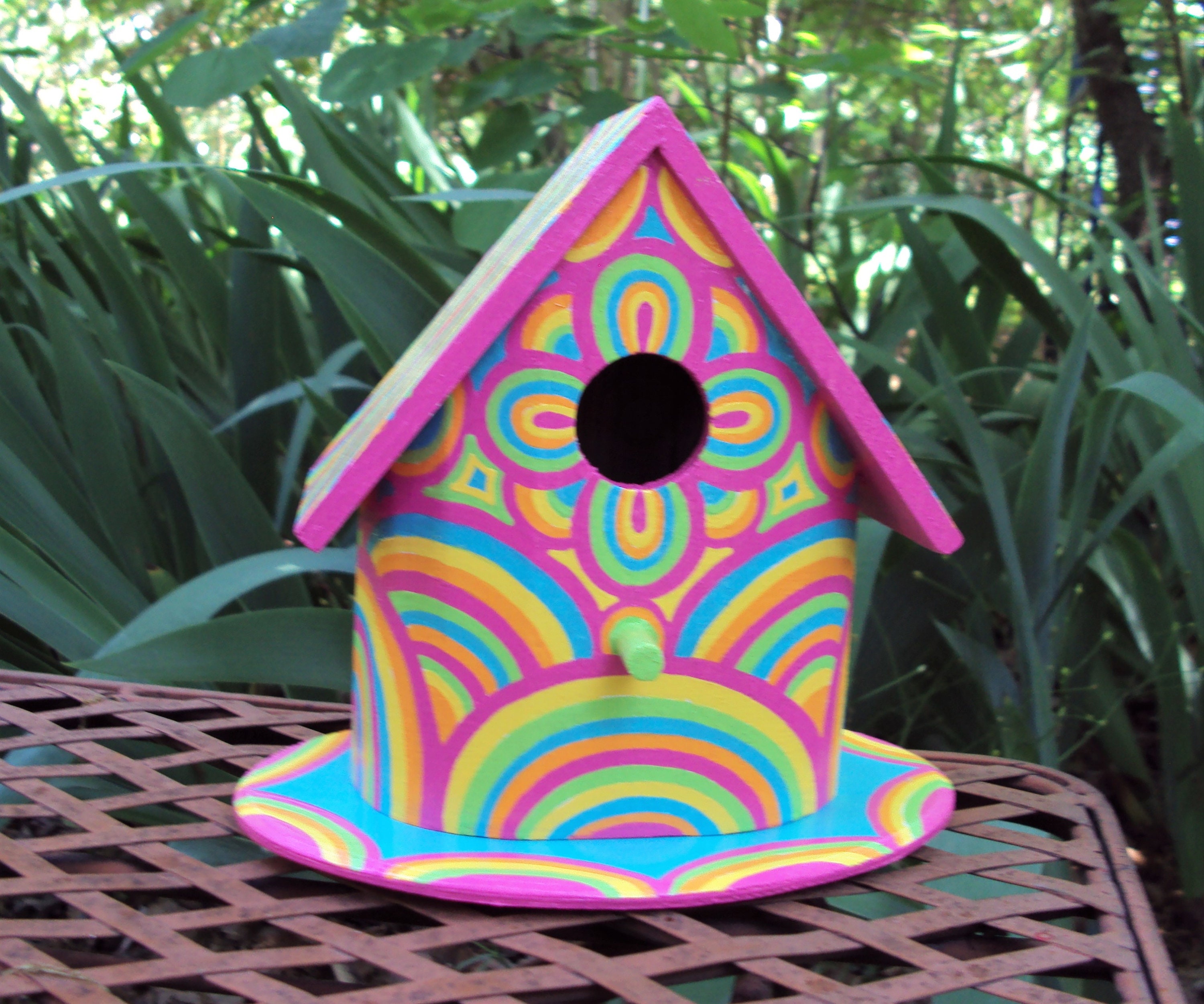 Hand Painted Decorative Birdhouse Original Designs Swirls of Color