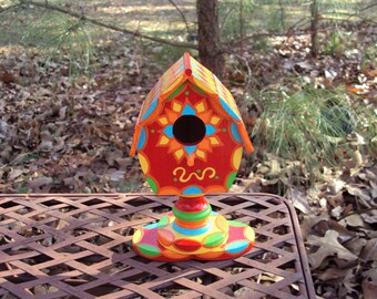 Hand Painted Small Red Birdhouse on Pedestal Decorative Floral Like Designs Table Top or Porch Deco Great Gift Mother's Day