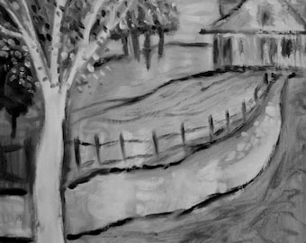 The Old Place Farmhouse Black  White and Gray Painting on Canvas