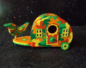 Wood Camper Birdhouse Night Light Hand Painted Psychedelic Designs Hand Painted Bird Decorative Home Decor
