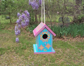 Hand Painted Whimsical Birdhouse Decorative Designs Doodles and Dots Rope attached with Clean Out Great Gift Bright Blue and Pink Mother's