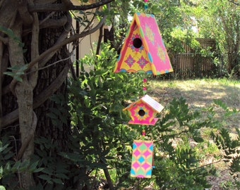Triangle Triplex Birdhouse Display Hand Painted Decorative Designs Festive Pink Joyful Gift Porch or Window Decor Mother's Gift Summer Fun