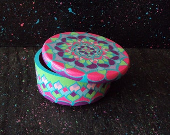 Hand Painted Round Mandala Box Original Circle Design Bright Colors Pink Purple Blue Green Home Decor Keepsake Box Desk Decor