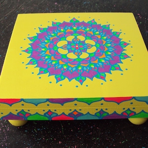 Mandala Hand Painted Box  Decorative Yellow Box with Purple Mandala Painting Bright Colors Original Design Cigar Box Treasure Box Wish Box