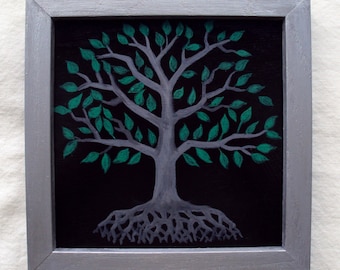 Grey Tree / Roots / Green Leaves / Gouache Framed Painting on Wood Panel
