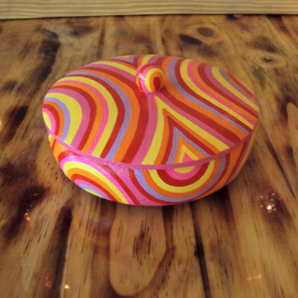 Hand Painted Round Box Psychedelic Style Swirls of Colors Jewelry Box Wish Box Desk -Top or Night-Stand Decor Unique Gift Original Designs