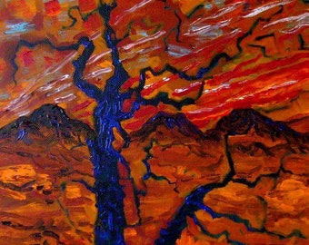 Arizona Sunset withTree / Expressionism / Deep Oranges / Oil Painting on Canvas