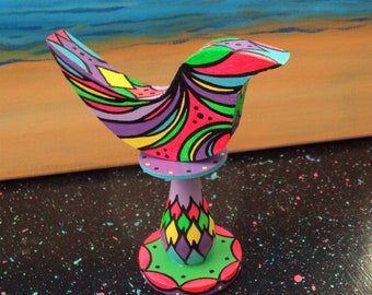 Wood Bird Hand Painted on Pedestal Original Design Swirls of Color Black Lines Bright Colors Decorative Tabletop Decor Shelf Decor