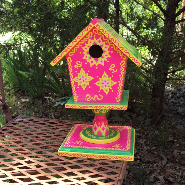 Hand Painted Whimsical Birdhouse on Pedestal Bright Pink Porch Decor Summer Gift Mother's Gift Table Decor Floral Designs Doodles and Dots