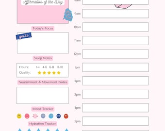 May include: A pink Daily Health Planner with sections for daily affirmations, focus, sleep notes, and mood tracking. Includes a hydration tracker and a "Self Care" heart graphic. The planner has time slots from 8 am to 8 pm.