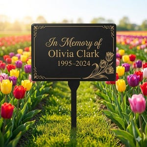Könnte beinhalten: Schwarzes Gedenkschild mit goldfarbener Schrift und floralen Verzierungen, das "In Memory of Olivia Clark 1995-2024" trägt. Das Schild steht in einem Garten mit bunten Tulpen.