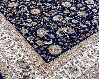 Hand Knotted Ivory Blue Persian Design Indian Indo Nain Tabriz Wool Silk Rug-EHR-97