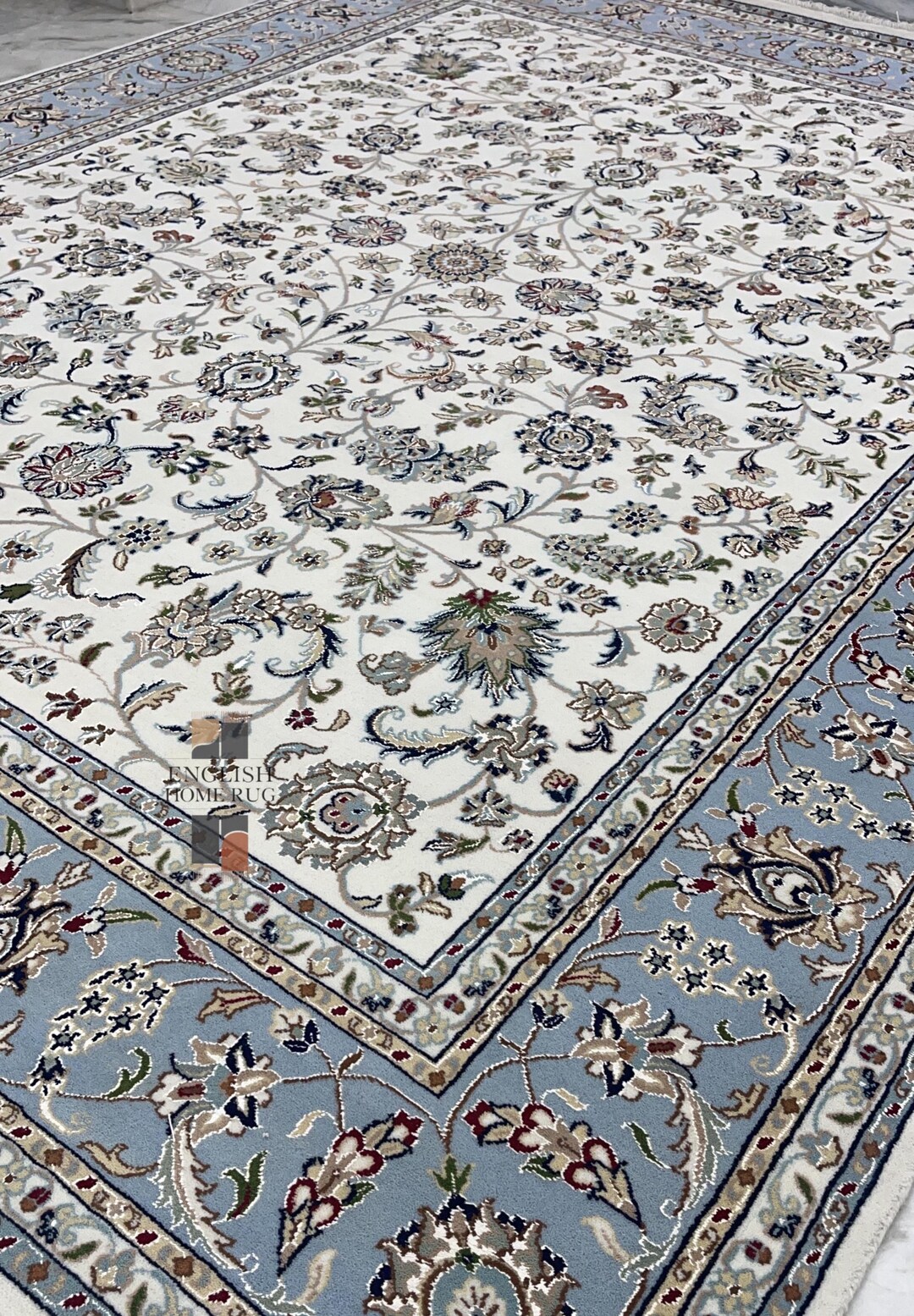 Handmade Ivory Blue Nain Rug : Persian Design Indo Nain Tabriz Wool ...