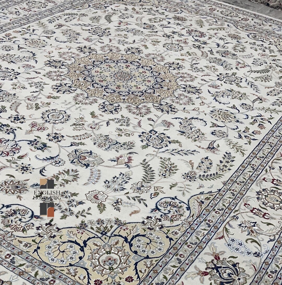 Hand Knotted Medallion Ivory Cream Design Indian Indo Nain Tabriz Wool ...