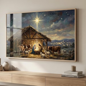 Starry Night Nativity Scene Frame TV Art | Vintage Jesus Art | Religious Decor   (Digital Download)