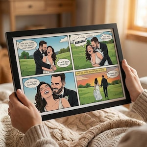 Puede incluir: Ilustración de cómic enmarcada que representa una boda. La obra de arte muestra a una pareja en varias escenas, con bocadillos que contienen frases como "¿Estás listo para nuestro felices para siempre?" y "Y así comienza su aventura..."