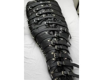 Saco de dormir de cuero negro auténtico con sistema de sujeción – Bolsa de bondage de cuerpo completo con cinturones ajustables