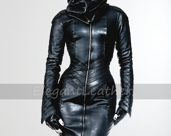 Women's Real Black Leather Steampunk Dress Coat Gothic Bodysuit Halloween Costume