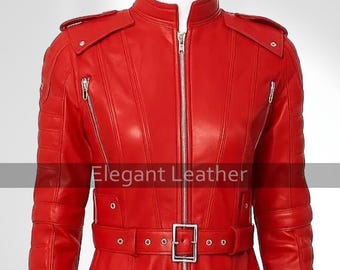 Women’s Red Real Leather Catsuit| Slim Fit Zip-Up Jumpsuit Jumpsuit with Belt