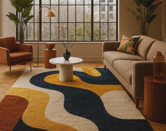 Retro Mid-Century Modern Wavy Rug – Hand-Tufted Geometric Area Carpet in Mustard, Navy & Cream | 70s Style Living Room Rug