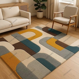 Modern Geometric Hand-Tufted Area Rug – Mid-Century Style Carpet in Mustard, Teal & Grey | Soft Living Room Decor | Custom Size Floor Rug