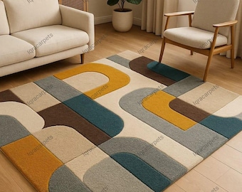Modern Geometric Hand-Tufted Area Rug – Mid-Century Style Carpet in Mustard, Teal & Grey | Soft Living Room Decor | Custom Size Floor Rug