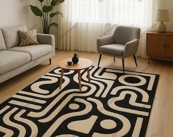 Geometric Black & Ivory Wool Rug – Hand-Tufted Abstract Carpet