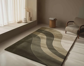 Mid-Century Modern Wavy Rug – Hand-Tufted Abstract Wool Area Carpet in Olive Green & Cream | Retro Living Room Rug