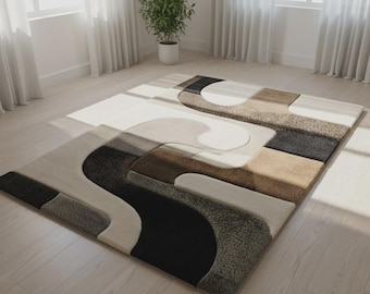 Mid-Century Modern Abstract Rug – Hand-Tufted Geometric Wool Area Carpet in Beige, Brown & Black | Retro Living Room Rug