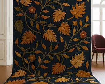 Modern Floral Leaf Rug – Hand-Tufted Navy Blue & Golden Mustard Area Carpet living room bedroom.