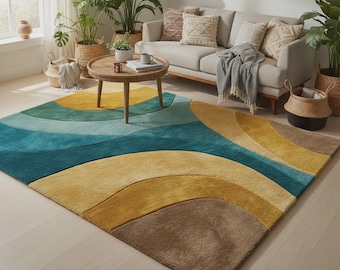 Retro Abstract Wave Wool Rug – Teal Mustard Modern Area Rug, Hand Tufted Mid Century Style Carpet, Custom Size Living Room & Bedroom Decor