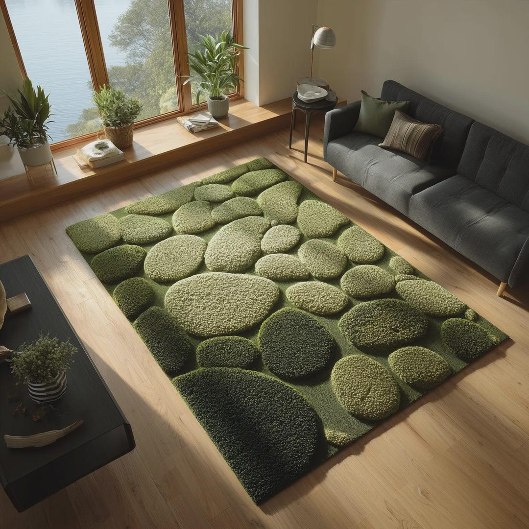 Green Earthy Pattern Rug Nature Inspired Pebble Area Rug | Green Organic Texture Carpet ...