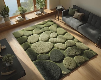 Nature Inspired Pebble Area Rug | Green Organic Texture Carpet | Handmade Wool Tufted Floor Rug