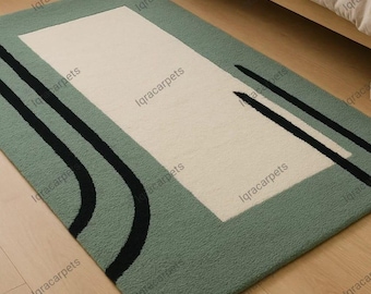 Modern Abstract Hand-Tufted Rug – Minimalist Geometric Green & Ivory Carpet for Bedroom or Living Room Decor and for every places.