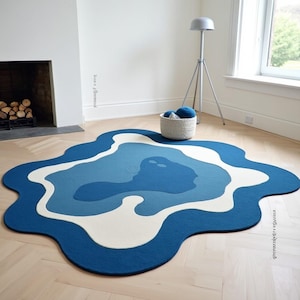 Irregular Hand-Tufted Blue Wool Rug – 100% Wool Handmade Carpet for Bedroom, Living Room, Kids Room – Unique Home Decor & Gift Idea