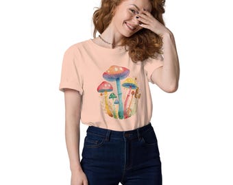T-shirt in cotone biologico con motivo a fungo – Maglietta da donna sostenibile realizzata al 100% in cotone, moda ecologica