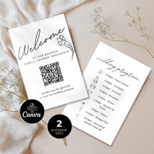 Minimalist Wedding Program Sign with QR Code | Editable Canva Template | 5x7 & 4x6 Inches | Black and White Ceremony Sign