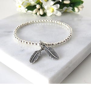 Sterling Silver Double Feather Bracelet: Memorial Stacking Jewelry
