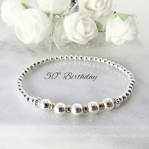 50th Birthday Sterling Silver 5-Bead Bracelet, 50th Milestone Jewellery Gift
