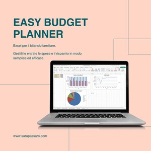 May include: A silver laptop displaying a budget planner with charts and graphs. The screen shows a spreadsheet with bar graphs, line graphs, and a pie chart. Text at the top reads "EASY BUDGET PLANNER". The website address www.sarapassaro.com is at the bottom.