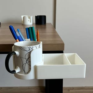 3D Printed Desk Organizer: Clamp-On Cup Holder, Snack Tray, Phone & Headphone Hook
