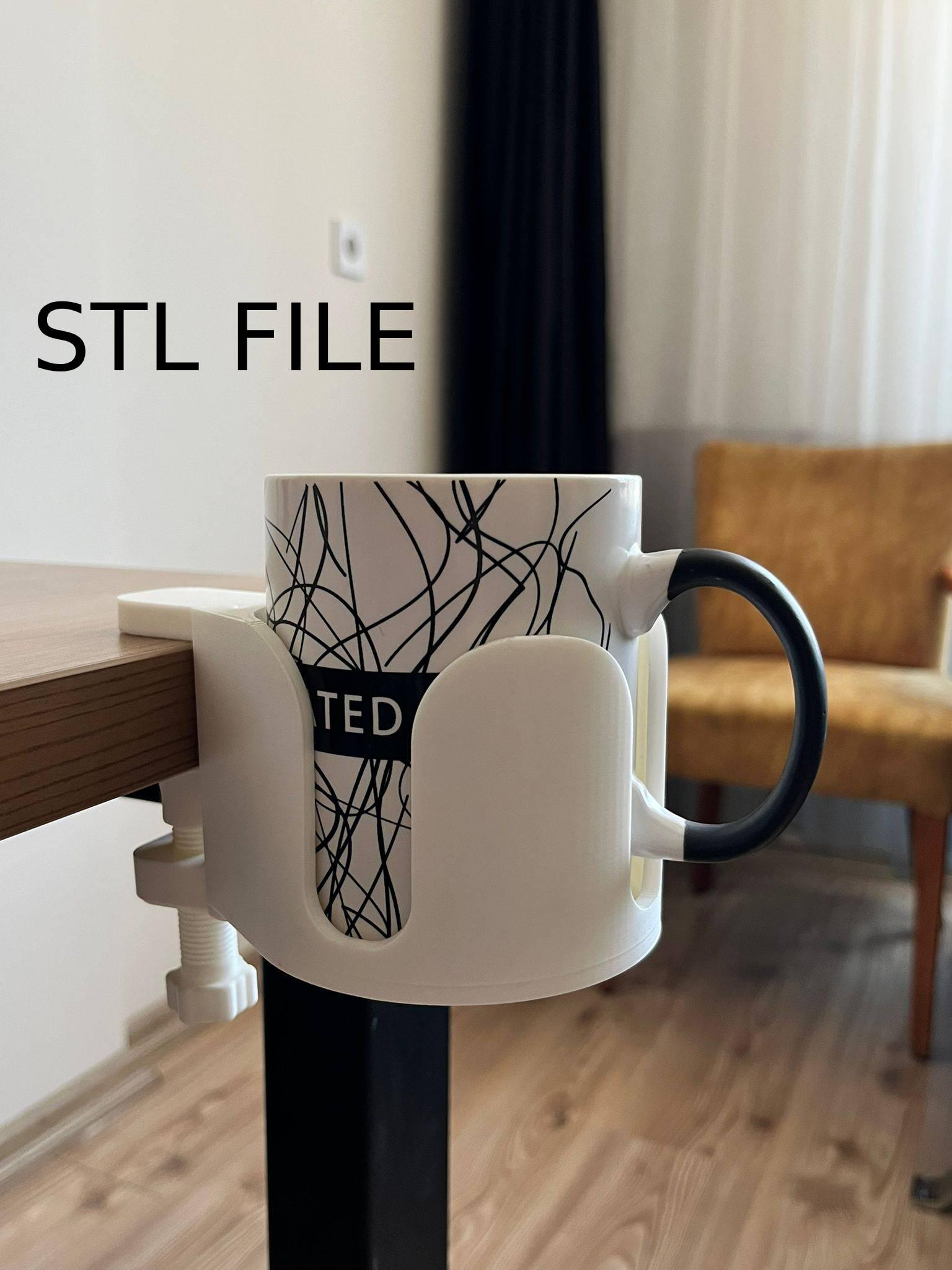 Desk Mount 3D printed Cup Holder STL , Clamp-On Drink Holder STL , Clip-On Desk Mug Holder STL