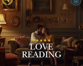 May include: A digital PDF listing titled LOVE READING LOVE ENERGY featuring a couple sitting on a green sofa in a dimly lit room with framed art on the walls, a table lamp, and a five-star rating graphic displayed prominently.