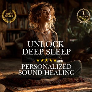 May include: A person sitting in a meditative pose holding a metallic singing bowl. The text reads UNLOCK DEEP SLEEP and PERSONALIZED SOUND HEALING with five yellow stars. Gold laurel emblems labeled BEST SELLER and 1 PREMIUM GOLD are visible.