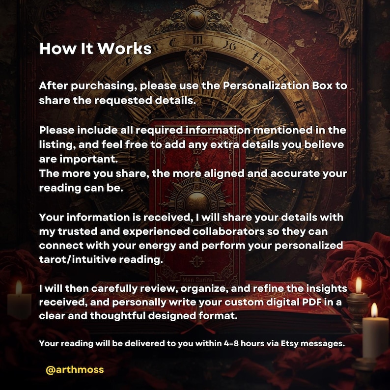 May include: A digital product image with the text "How It Works" and bullet points detailing the process: order reading, provide full name and date of birth, optional family themes, and receive a Past Life Karma Report within 4-8 hours.